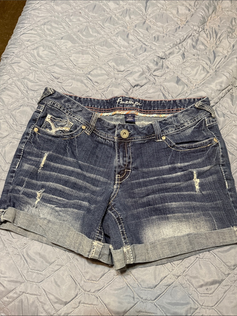 Amethyst Jeans Distressed Dark Blue Roll-Cuff Jean Shorts